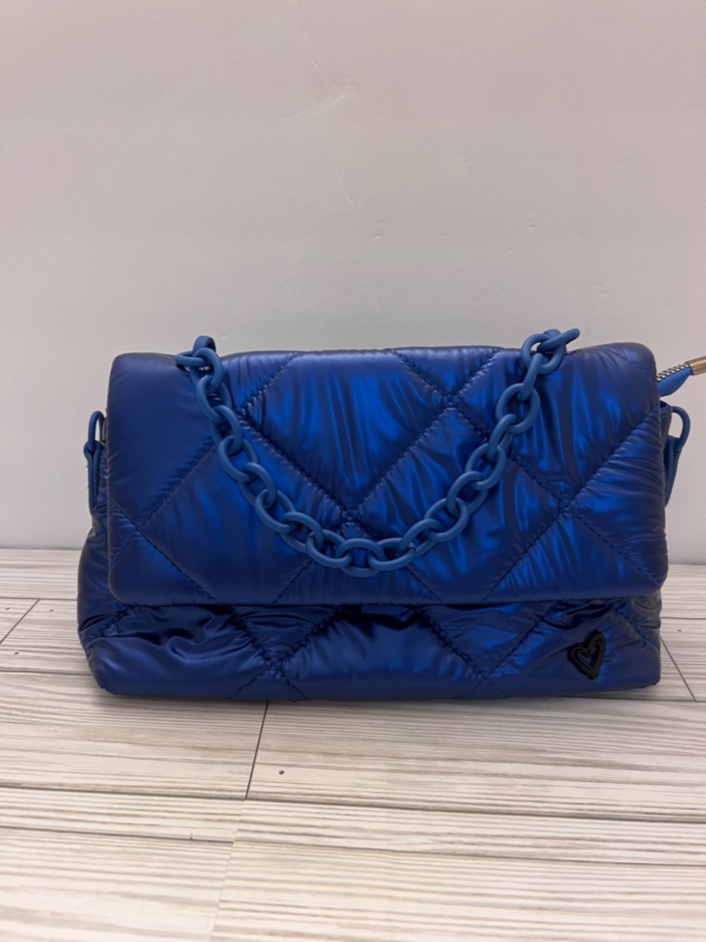 PreneLove Quilted Puffy Crossbody Bag with Chain metallic blue